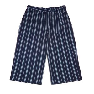 Amanda Green Belted High Waist Navy White Striped Wide Leg Cropped Pants XXL NWT